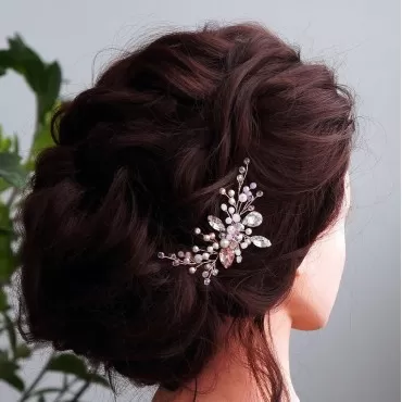 Kercisbeauty Handmade Wedding Pink Crystal Beads Hair Comb with Pearl for Brides Bridal Cute Headpiece Prom Hair Dress(Silver)