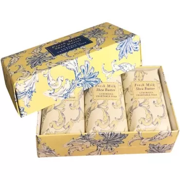 Greenwich Bay Triple Milled Soap Gift Set with Shea Butter and Cocoa Butter - Set of Three Soap Bars 4.3 Oz. Ea. Individually Wrapped in Beautiful Gift Box Collection (Fresh Milk Shea)