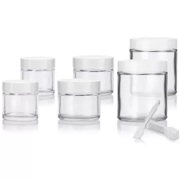 JUVITUS 6 piece Clear Glass Straight Sided Jar Multi Size Set : Includes 2-1 oz, 2-2 oz, and 2-4 oz Clear Glass Jars with White Lids + Spatulas for Aromatherapy, Essential Oils, Travel and Home