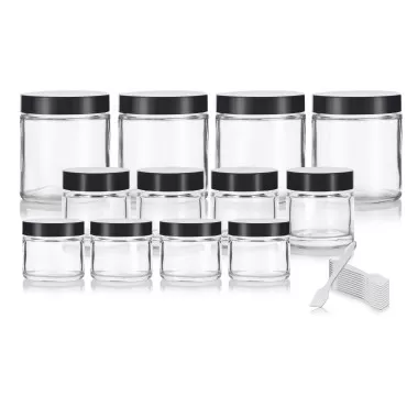 JUVITUS 12 piece Clear Glass Straight Sided Jar Multi Size Set : Includes 4-1 oz, 4-2 oz, and 4-4 oz Clear Glass Jars with Black Lids + Spatulas for Aromatherapy, Essential Oils, Travel and Home