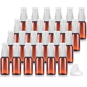 JUVITUS Amber 1 oz / 30 ml Boston Round PET (BPA Free) Plastic Bottle with White Treatment Pump (24 pack) + Funnels