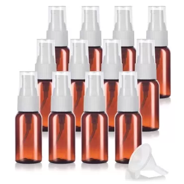 JUVITUS Amber 1 oz / 30 ml Boston Round PET (BPA Free) Plastic Bottle with White Treatment Pump (12 pack) + Funnels