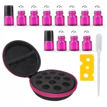 Round Hard Shell Case for 1/4 5/8 DRAM Micro Mini Roll-on Glass Bottles with Metal Roller Balls - Refillable Aromatherapy Essential Oil Roll On (HOLDS 12 VIALS) (1ML Rose Red bottle)