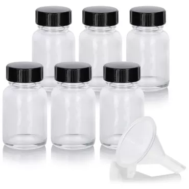 JUVITUS 1 oz Clear Glass Wide Mouth Bottle with Phenolic Cap (6 pack) + Funnel