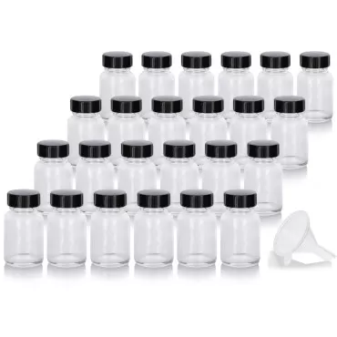 JUVITUS 1 oz Clear Glass Wide Mouth Bottle with Phenolic Cap (24 pack) + Funnel