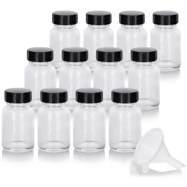 JUVITUS 1 oz Clear Glass Wide Mouth Bottle with Phenolic Cap (12 pack) + Funnel