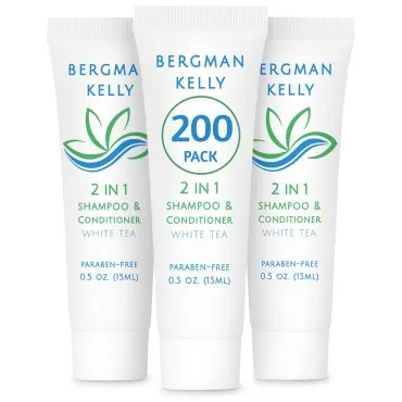 BERGMAN KELLY Hotel Shampoo and Conditioner 2in1 (0.5 Fl Oz, 200 PK, White Tea), Delight Your Guests with Revitalizing and Refreshing Travel Size Shampoo, Quality Mini Hotel Toiletries in Bulk