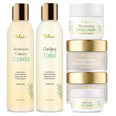 Deluvia Premium Facial Kit, Skin Care Products Set, Gentle Foaming Cleanser Face Wash, Clarifying Facial Toner, Face Moisturizer, Hydrating Under Eye Cream, Dead Sea Mud Mask