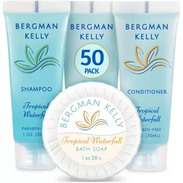 BERGMAN KELLY Round Hotel Soap Bars, Shampoo & Conditioner 3-Piece Set (1 oz each, 150 pc total, Tropical Waterfall), Delight Your Guests with Refreshing Bulk Travel Size Hotel