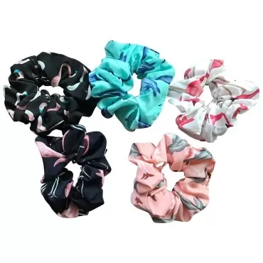 Lurrose 5pcs Flamingo Prints Hair Scrunchies Elastic Hair Bands Scrunchy Bobbles Bohemian Style Hair Rope Band for Women Girls (Navy + Pink + Black + White + Blue)