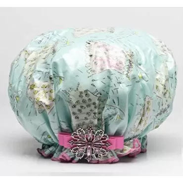 Dry Divas Designer Shower Cap For Women - Washable, Reusable - Large Bouffant Cap With Vintage Jeweled Brooch (Shower Power)