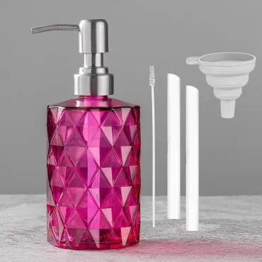 Easy Tang Glass Hand Soap Dispenser Bathroom Kitchen 12Oz with Silver Pump Refillable Liquid Dispenser (Magenta)
