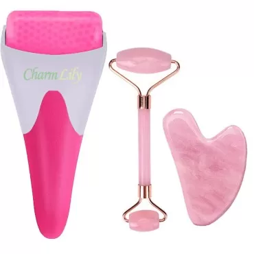 Rose Quartz & Ice Roller + Gua Sha Massager Tool S...