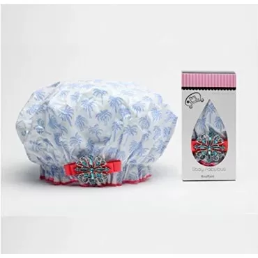 Dry Divas Designer Shower Cap For Women - Washable, Reusable - Large Bouffant Cap With Vintage Jeweled Brooch (Endless Summer)