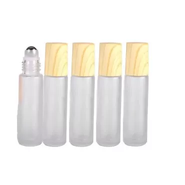 Frosted Glass Roller Bottles Vials Containers,Perfume Dispenser Essential Oil Roller Bottles With Stainless Steel Roller Ball&Wood Grain Cap For Essential Oils,5pcs (10ML)