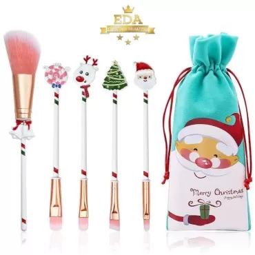 EDA LUXURY BEAUTY Santa Christmas Holiday Pink Makeup Brushes Set - Powder, Foundation, Blush, Bronzer, Eyeshadow, Brow - Contouring & Blending Face & Eye Makeup Tools Kit - Vegan Xmas Gift Bundle