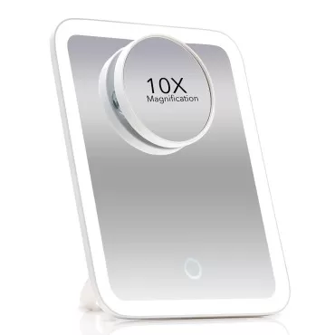 Fancii Portable LED Makeup Mirror with 3 Adjustable Light Settings, 1x Large Mirror & Detachable 10x Magnifying Mirror - Cordless Lighted Mirror for Travel, 360° Rotatable Kickstand (White)