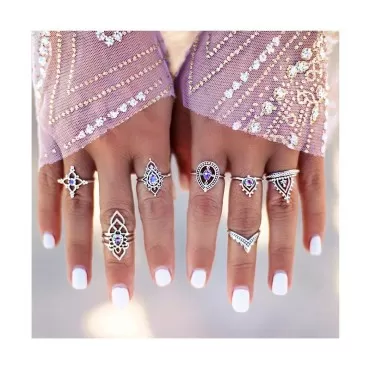 Edary Boho Rings Set Silver Joint Knuckle Rings Crystal Ring for Women and Girls.(7PCS)