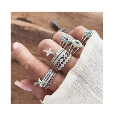 Edary Rhinestone Knuckle Rings Evil Eye Rings Set Silver Stackable Rings Mid Rings Jewelry for Women and Girls(10PCS)