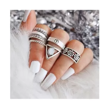 Edary Vintage Flower Carved Rings Pattern Ring Silver Joint Knuckle Rings Set for Women and Girls.(5PCS)