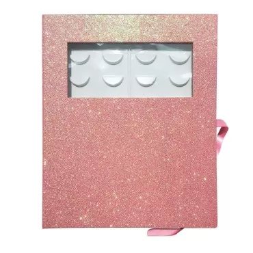 Eyelash Storage Book, 16 Pairs Lash Storage Organizer, Glitter Paper Eyelash Display Case, Portable Makeup Flash Lash Empty Box (Pink)