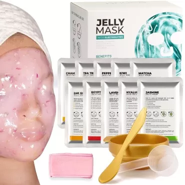 BRÜUN Peel-Off Jelly Mask Hydrating Premium Modeling Rubber Mask Spa Set - 10 Treatments (24k Gold, Lavender, Kiwi, Peppermint, Egyptian Rose, Matcha, Chamomile, Tea tree, Jazmine)