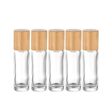 USRommaner 5 Pack 10ml Bamboo Roller Bottle for Essential Oils,Empty Clear Glass Roll On Bottle With Stainless Steel Roller Balls Travel Vial Essential Oil Roller Container-Pipette&funnel Included