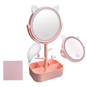 Louphee Cat Shape Cute Lighted LED Makeup Vanity Mirror with Lights, 3 dimmable Color Lighting Mode on Tabletop Mirror,2 in 1 Standing brighting Mirror for Travels-Gift Packaging