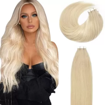 Lacer 20 inch Remy Hair Extensions Tape in Human Hair Extensions Natural Balayage Natural PU Skin Weft 100% Real Virgin Human Hair Color #60 Platinum blonde Double Side 50g 20pcs/set