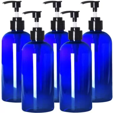 Youngever 5 Pack Plastic Pump Bottles 16 Ounce, Refillable Plastic Pump Bottles (Blue)
