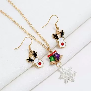 Gangel Christmas Necklace Earring Set Smowflake Bells Chain Elk Eardrop Dangle Earrings Studs Xmas Holiday Jewelry Set for Thanksgiving Christmas Sock Gifts for Women and Girls
