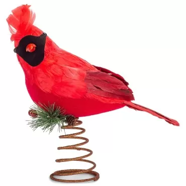 Red Feathered Cardinal 10 inch Metal Holiday Christmas Tree Topper Figurine