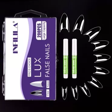 INFILILA Short Stiletto Nail Tips with Glue 200PCS Clear Stiletto Nail Tips For Acrylic Nails with 2pcs Glue Half Cover Professional Artificial Nail Tip for Nail Art Salon & Home