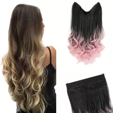 GIRLSHOW Invisible Wire Hair Extensions with Transparent Headband Synthetic 24 Inch 4.9 Oz Wavy Curly Adjustable Size No Clip Long Hairpieces for Women (Black Ombre Light Pink -#290, 24 Inch)