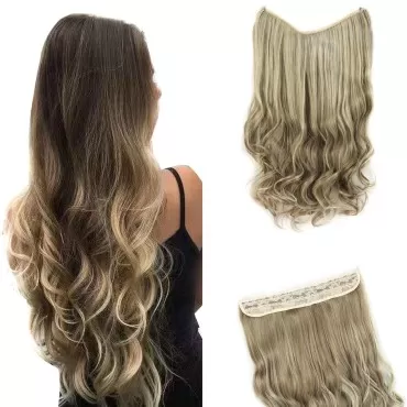 GIRLSHOW Invisible Wire Hair Extensions with Transparent Headband Synthetic 24 Inch 4.9 Oz Wavy Curly Adjustable Size No Clip Long Hairpieces for Women (Alay & Bleach Blonde Highlights -#83, 24 Inch)