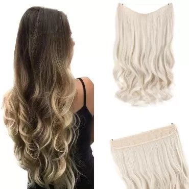 GIRLSHOW Invisible Wire Hair Extensions with Transparent Headband Synthetic 24 Inch 4.9 Oz Wavy Curly Adjustable Size No Clip Long Hairpieces for Women (Ash Platinum Blonde -#36, 24 Inch)