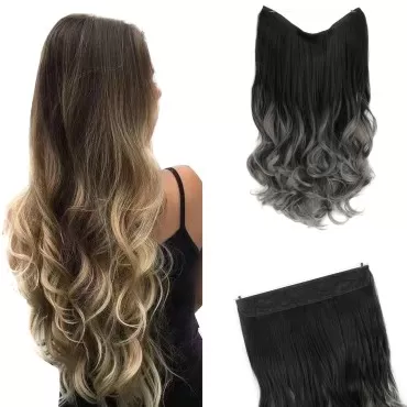 GIRLSHOW Invisible Wire Hair Extensions with Transparent Headband Synthetic 24 Inch 4.9 Oz Wavy Curly Adjustable Size No Clip Long Hairpieces for Women (Black Ombre Dimgray -#292, 24 Inch)