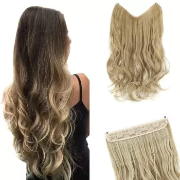 GIRLSHOW Invisible Wire Hair Extensions with Transparent Headband Synthetic 24 Inch 4.9 Oz Wavy Curly Adjustable Size No Clip Long Hairpieces for Women (Bleach Blonde & Natural Ash Blonde Highlights -#11, 24 Inch)