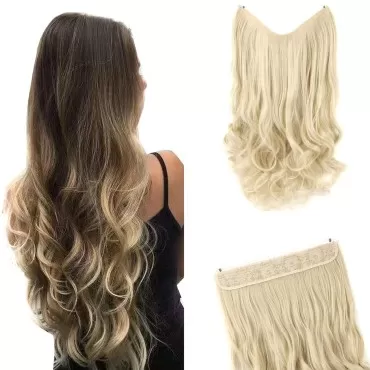 GIRLSHOW Invisible Wire Hair Extensions with Transparent Headband Synthetic 24 Inch 4.9 Oz Wavy Curly Adjustable Size No Clip Long Hairpieces for Women (Bleach Blonde -#31, 24 Inch)