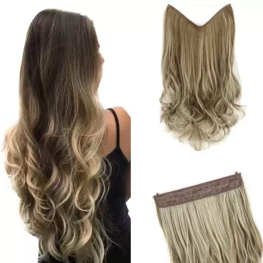 GIRLSHOW Invisible Wire Hair Extensions with Transparent Headband Synthetic 24 Inch 4.9 Oz Wavy Curly Adjustable Size No Clip Long Hairpieces for Women (Bleach Blonde & Brown Highlights -#18, 24 Inch)