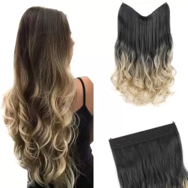 GIRLSHOW Invisible Wire Hair Extensions with Transparent Headband Synthetic 24 Inch 4.9 Oz Wavy Curly Adjustable Size No Clip Long Hairpieces for Women (Black Ombre Light Sandy Brown -#299, 24 Inch)