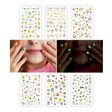 Partywind 300 PCS Glow Easter Nail Stickers for Kids, Luminous Easter Eggs Nail Decals Wraps Decorations for Girls Women, DIY Self-Adhesive Easter Nail Art Designs (6 Sheets)