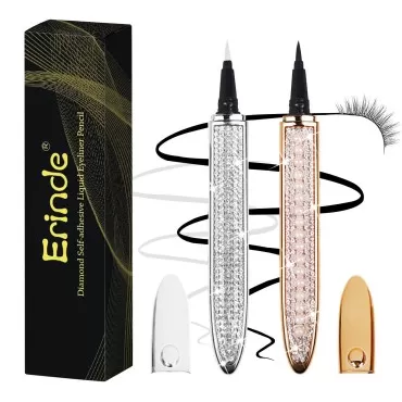 Erinde 2PCS Eyelash Glue Pen, Lash Glue Pen Upgraded Self-adhesive Eyeliner Pencil, No Glue No Magnetic Liquid Eyeliner Pen, Eye Liner for Eye Makeup and Wear Normal False Eyelashes, Black&Clear SET A