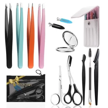Tweezers Set, 12 in 1 Eyebrow Tweezers Set, Professional Eyebrow Kit Tweezers for Women and Men with Leather Case, Including Eyebrow Tweezers, Eyebrow Scissors, Eyebrow Brush, Eyebrow Razor, Mirror