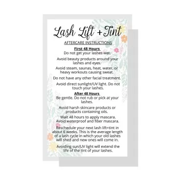 Lash Lift + Tint Aftercare Instruction Cards | 50 Pack | 2 x 3.5” inches Business Card Single Side | Eyelash Lift and Tint Kit at Home DIY aftercare Supplies | Floral 48 Hour Design (48 Hours)