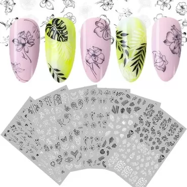 Flower Nail Stickers, 3D Self-Adhesive Butterfly Leaf French Nail Decals Black White Retro Flower Vine Pattern Spring Nail Art Stickers Nail Design DIY Nail Decoration for Women Girls (6Sheets)