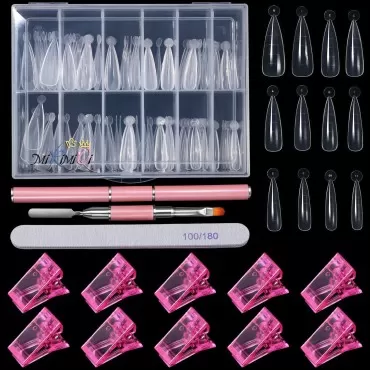 MIKIMIQI Dual Nail Forms Set Poly Gel Quick Building Nail Kit, 120Pcs Stiletto Gel Nail Molds 10Pcs Pink Acrylic Nail Tips Clips 1Pc Dual-Ended Poly Extension Gel Brush Nail File for Polygel Extension