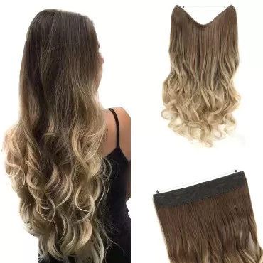 GIRLSHOW Hair Extensions with Invisible Wire Transparent Headband Synthetic 20 Inch 4.4 Oz Wavy Curly Adjustable Size No Clip Hairpieces for Women (Medium Golden Brown Ombre Light Ash Brown -#251, 20 Inch)