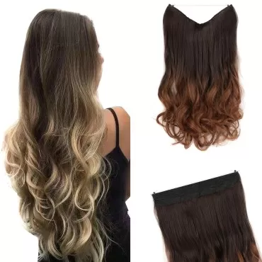 GIRLSHOW Hair Extensions with Invisible Wire Transparent Headband Synthetic 20 Inch 4.4 Oz Wavy Curly Adjustable Size No Clip Hairpieces for Women (Dark Brown Ombre Light Auburn -#258, 20 Inch)