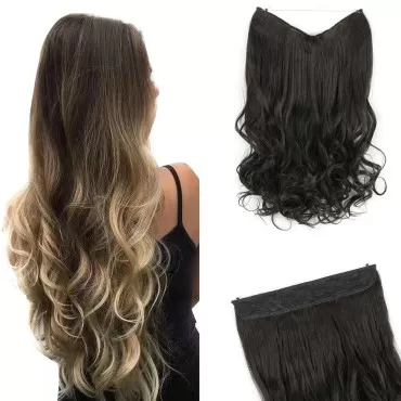 GIRLSHOW Hair Extensions with Invisible Wire Transparent Headband Synthetic 20 Inch 4.4 Oz Wavy Curly Adjustable Size No Clip Hairpieces for Women (Natural Black -#113A, 20 Inch)
